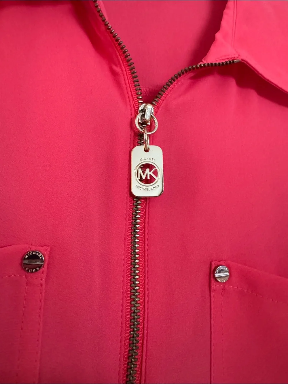 Michael Kors Collared, Coral, Full Zip Blouse, Gold Logo Roll Tab Sleeve Top, S